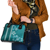 Teal Hibiscus Turle Shoulder Handbag Hawaiian Style Tribal Tapa Pattern