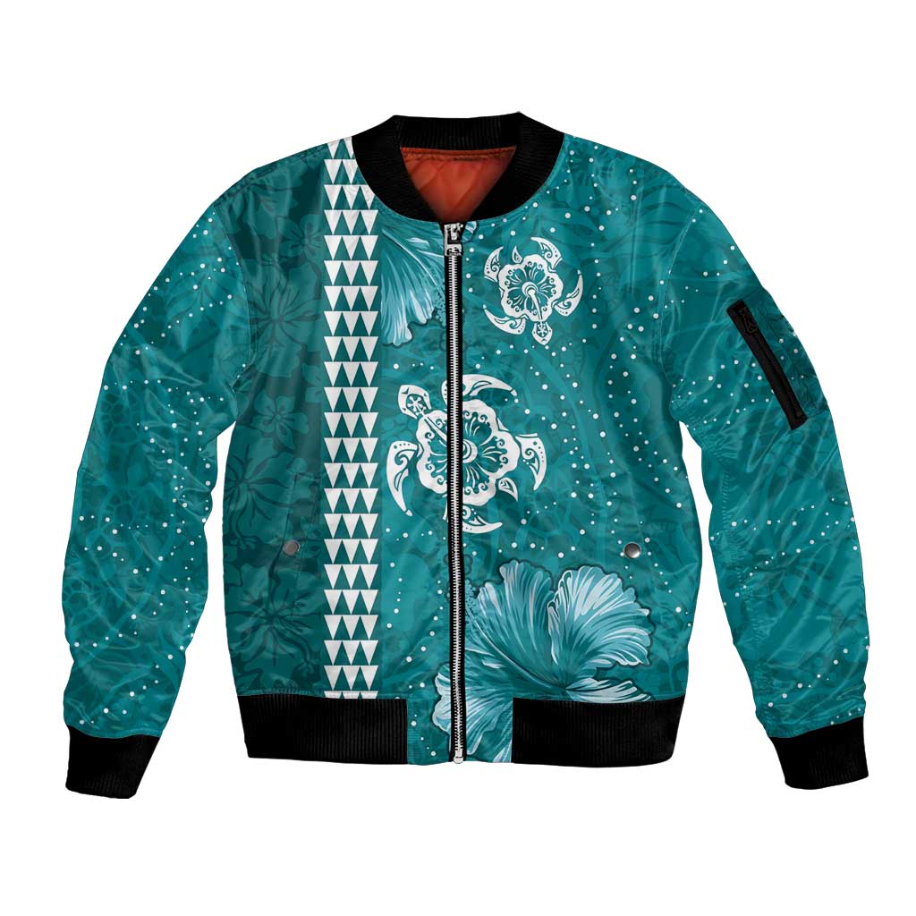 Teal Hibiscus Turle Sleeve Zip Bomber Jacket Hawaiian Style Tribal Tapa Pattern LT9 Unisex Teal - Polynesian Pride