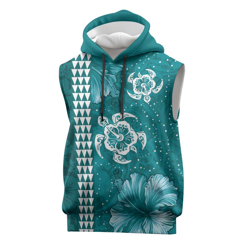 Teal Hibiscus Turle Sleeveless Hoodie Hawaiian Style Tribal Tapa Pattern - Polynesian Pride