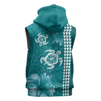Teal Hibiscus Turle Sleeveless Hoodie Hawaiian Style Tribal Tapa Pattern - Polynesian Pride