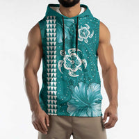 Teal Hibiscus Turle Sleeveless Hoodie Hawaiian Style Tribal Tapa Pattern - Polynesian Pride
