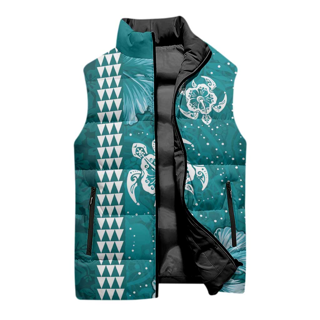 Teal Hibiscus Turle Sleeveless Puffer Jacket Hawaiian Style Tribal Tapa Pattern - Polynesian Pride