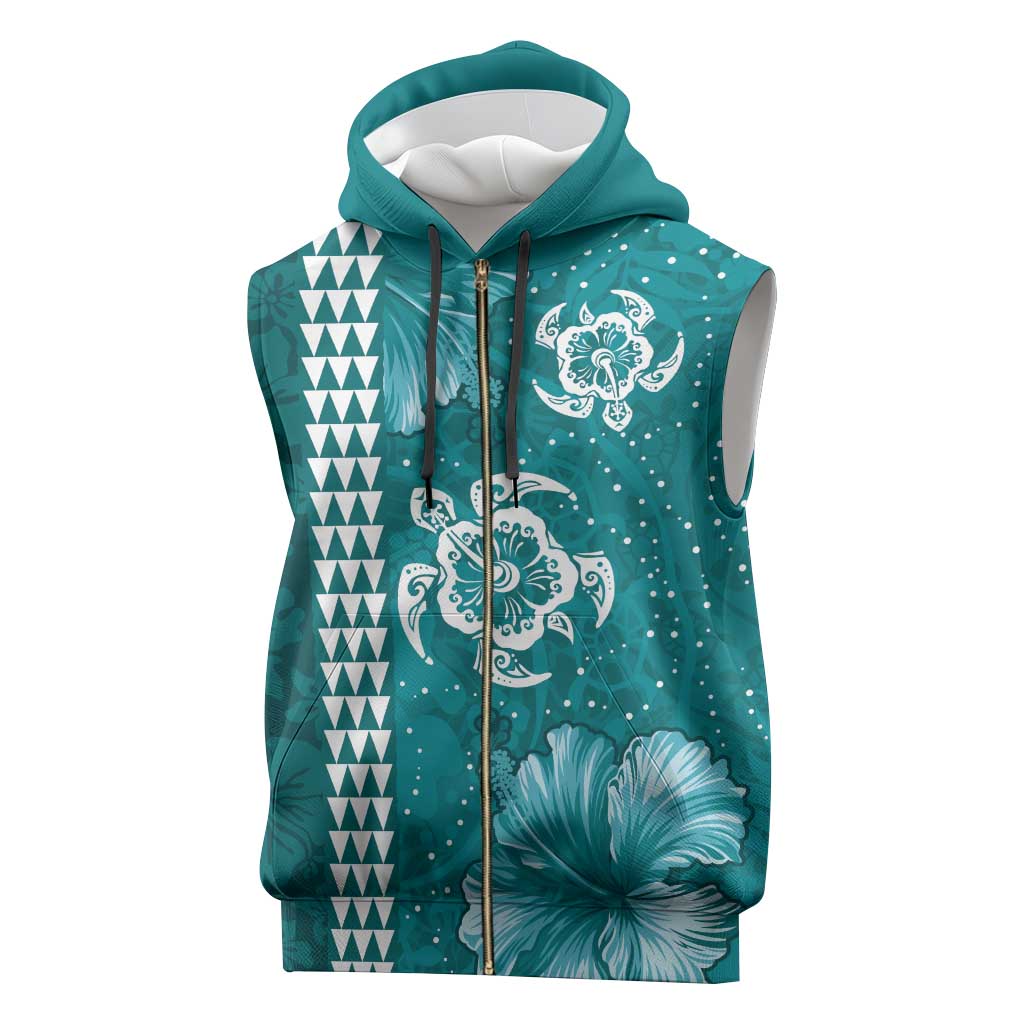 Teal Hibiscus Turle Sleeveless Zip Hoodie Hawaiian Style Tribal Tapa Pattern - Polynesian Pride