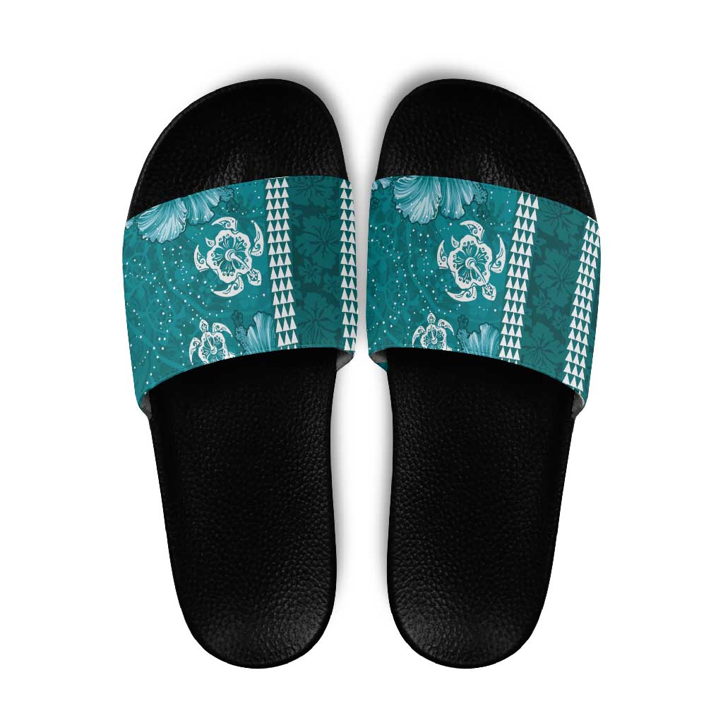 Teal Hibiscus Turle Slide Sandals Hawaiian Style Tribal Tapa Pattern - Polynesian Pride