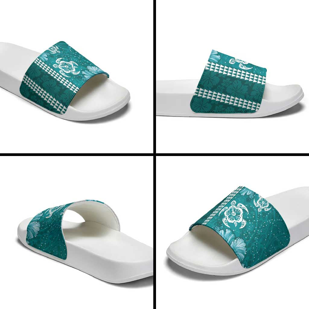 Teal Hibiscus Turle Slide Sandals Hawaiian Style Tribal Tapa Pattern - Polynesian Pride