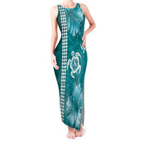 Teal Hibiscus Turle Tank Maxi Dress Hawaiian Style Tribal Tapa Pattern
