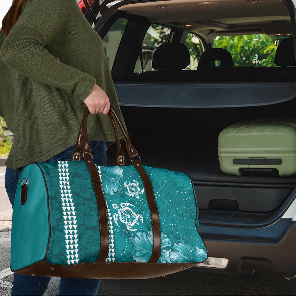 Teal Hibiscus Turle Travel Bag Hawaiian Style Tribal Tapa Pattern - Polynesian Pride