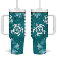 Teal Hibiscus Turle Tumbler With Handle Hawaiian Style Tribal Tapa Pattern