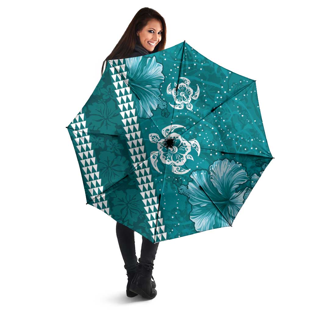 Teal Hibiscus Turle Umbrella Hawaiian Style Tribal Tapa Pattern - Polynesian Pride