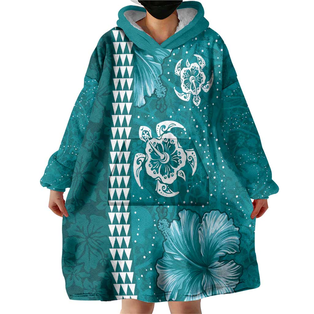 Teal Hibiscus Turle Wearable Blanket Hoodie Hawaiian Style Tribal Tapa Pattern