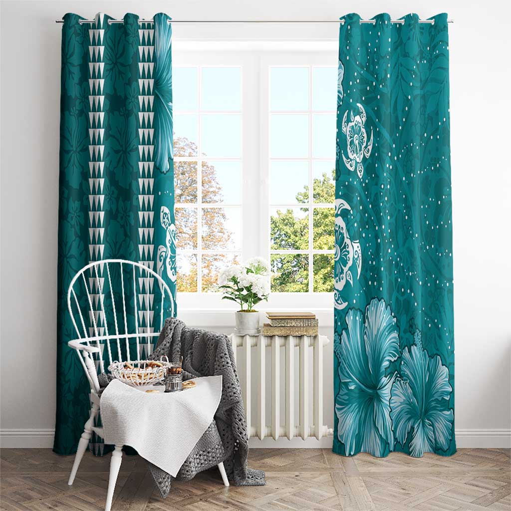 Teal Hibiscus Turle Window Curtain Hawaiian Style Tribal Tapa Pattern