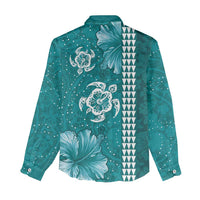 Teal Hibiscus Turle Women Casual Shirt Hawaiian Style Tribal Tapa Pattern