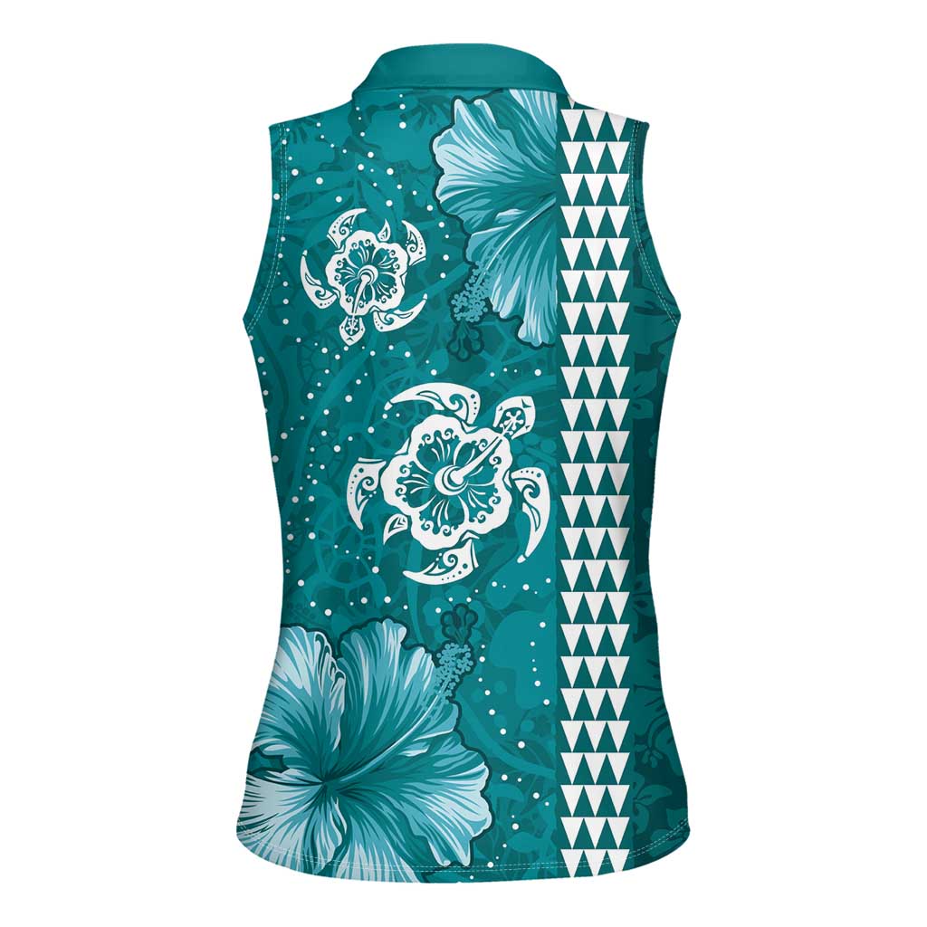 Teal Hibiscus Turle Women Sleeveless Polo Shirt Hawaiian Style Tribal Tapa Pattern