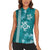 Teal Hibiscus Turle Women Sleeveless Polo Shirt Hawaiian Style Tribal Tapa Pattern