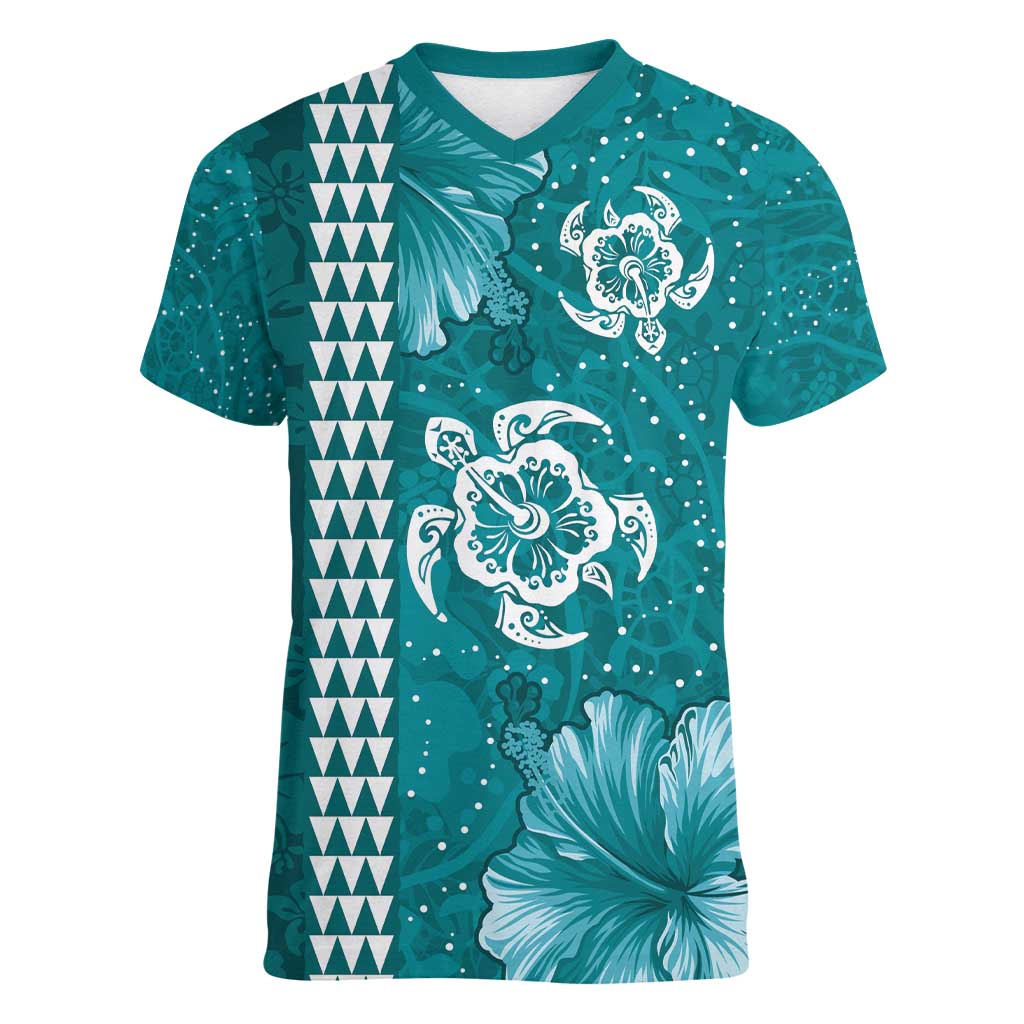 Teal Hibiscus Turle Women V-Neck T-Shirt Hawaiian Style Tribal Tapa Pattern