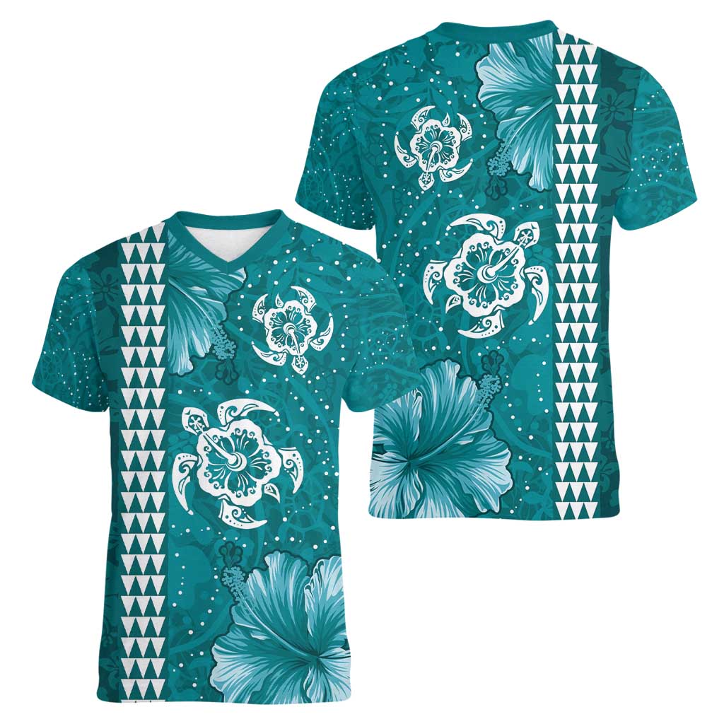 Teal Hibiscus Turle Women V-Neck T-Shirt Hawaiian Style Tribal Tapa Pattern