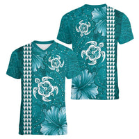 Teal Hibiscus Turle Women V-Neck T-Shirt Hawaiian Style Tribal Tapa Pattern