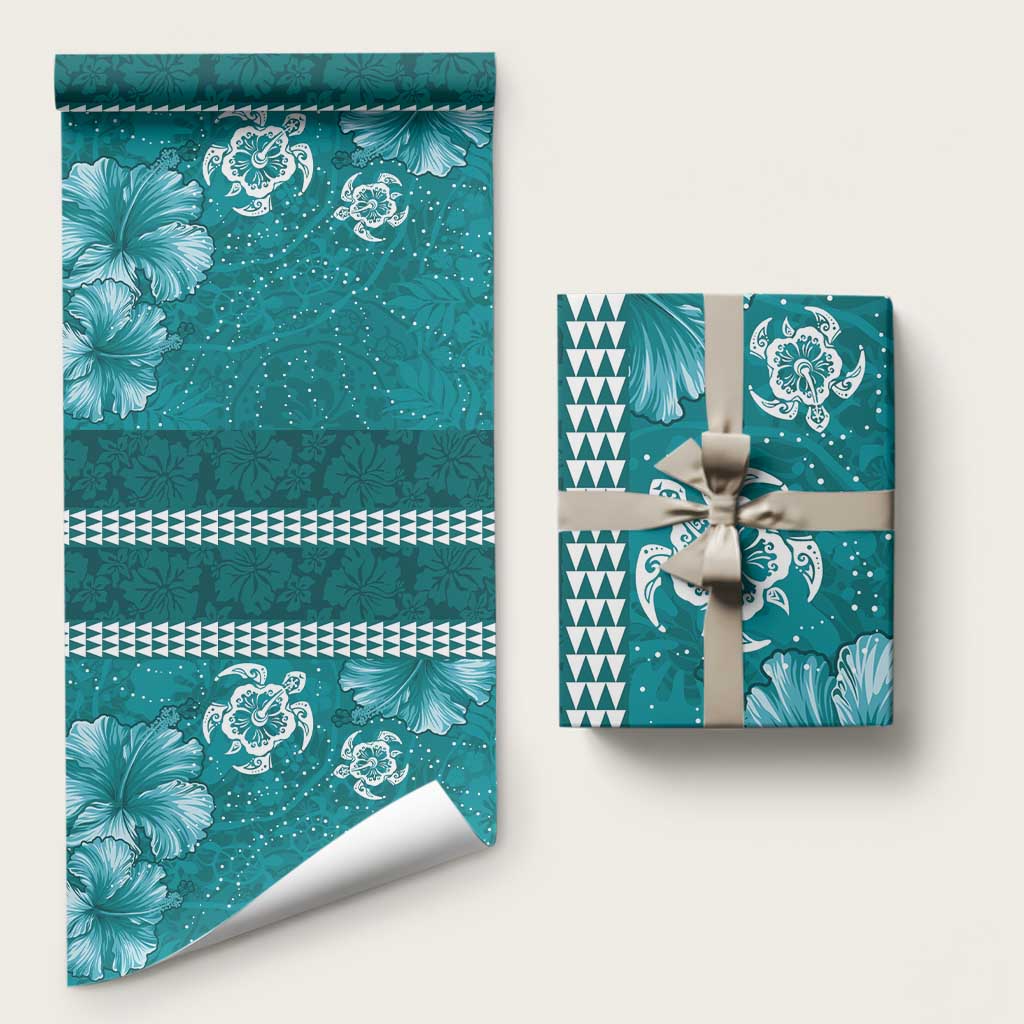 Teal Hibiscus Turle Wrapping Paper Hawaiian Style Tribal Tapa Pattern LT9 58" × 23" Teal - Polynesian Pride
