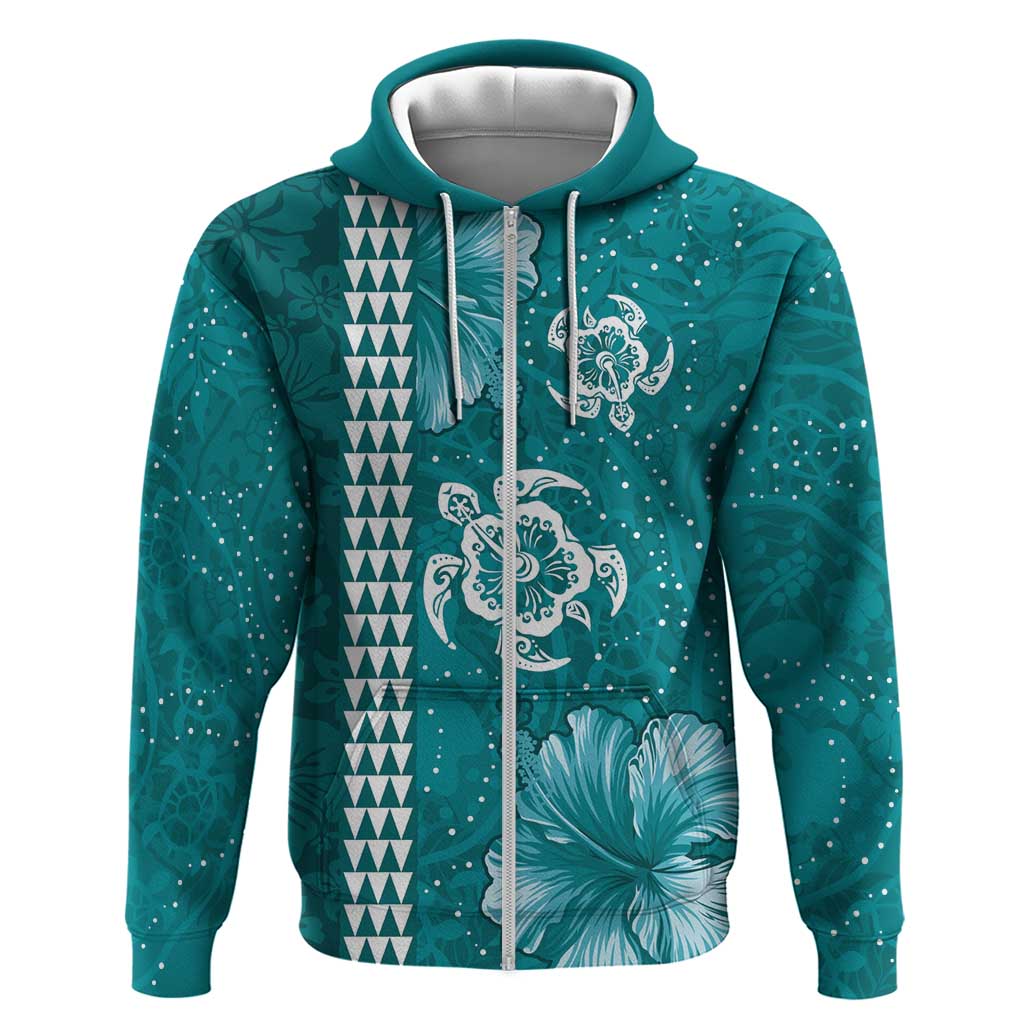 Teal Hibiscus Turle Zip Hoodie Hawaiian Style Tribal Tapa Pattern LT9 Zip Hoodie Teal - Polynesian Pride