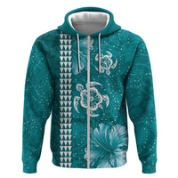 Teal Hibiscus Turle Zip Hoodie Hawaiian Style Tribal Tapa Pattern