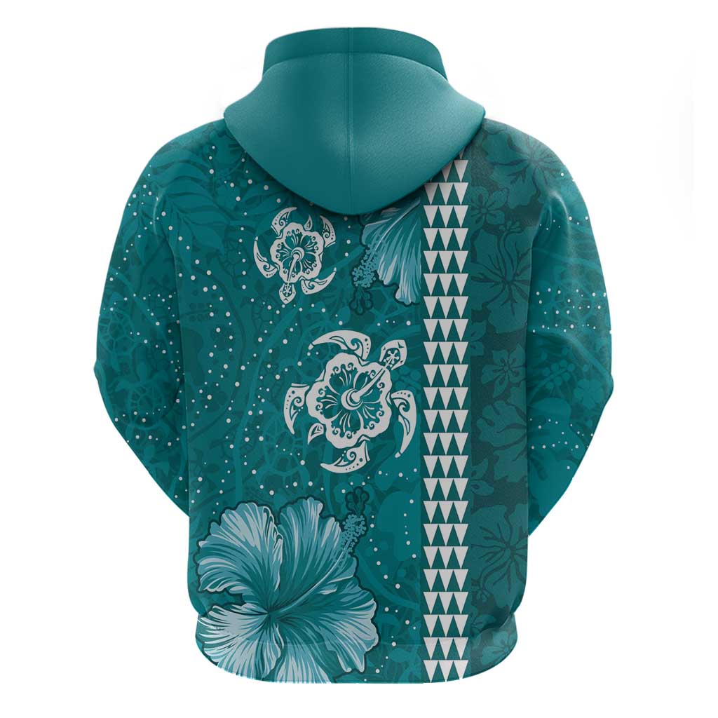 Teal Hibiscus Turle Zip Hoodie Hawaiian Style Tribal Tapa Pattern