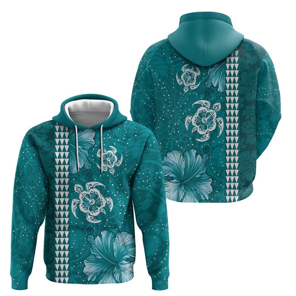 Teal Hibiscus Turle Zip Hoodie Hawaiian Style Tribal Tapa Pattern