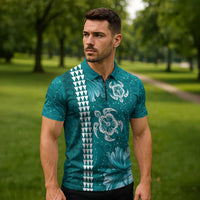 Teal Hibiscus Turle Zipper Polo Shirt Hawaiian Style Tribal Tapa Pattern - Polynesian Pride
