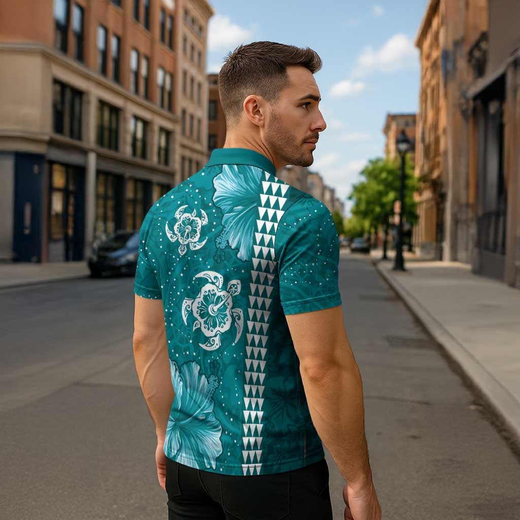 Teal Hibiscus Turle Zipper Polo Shirt Hawaiian Style Tribal Tapa Pattern - Polynesian Pride