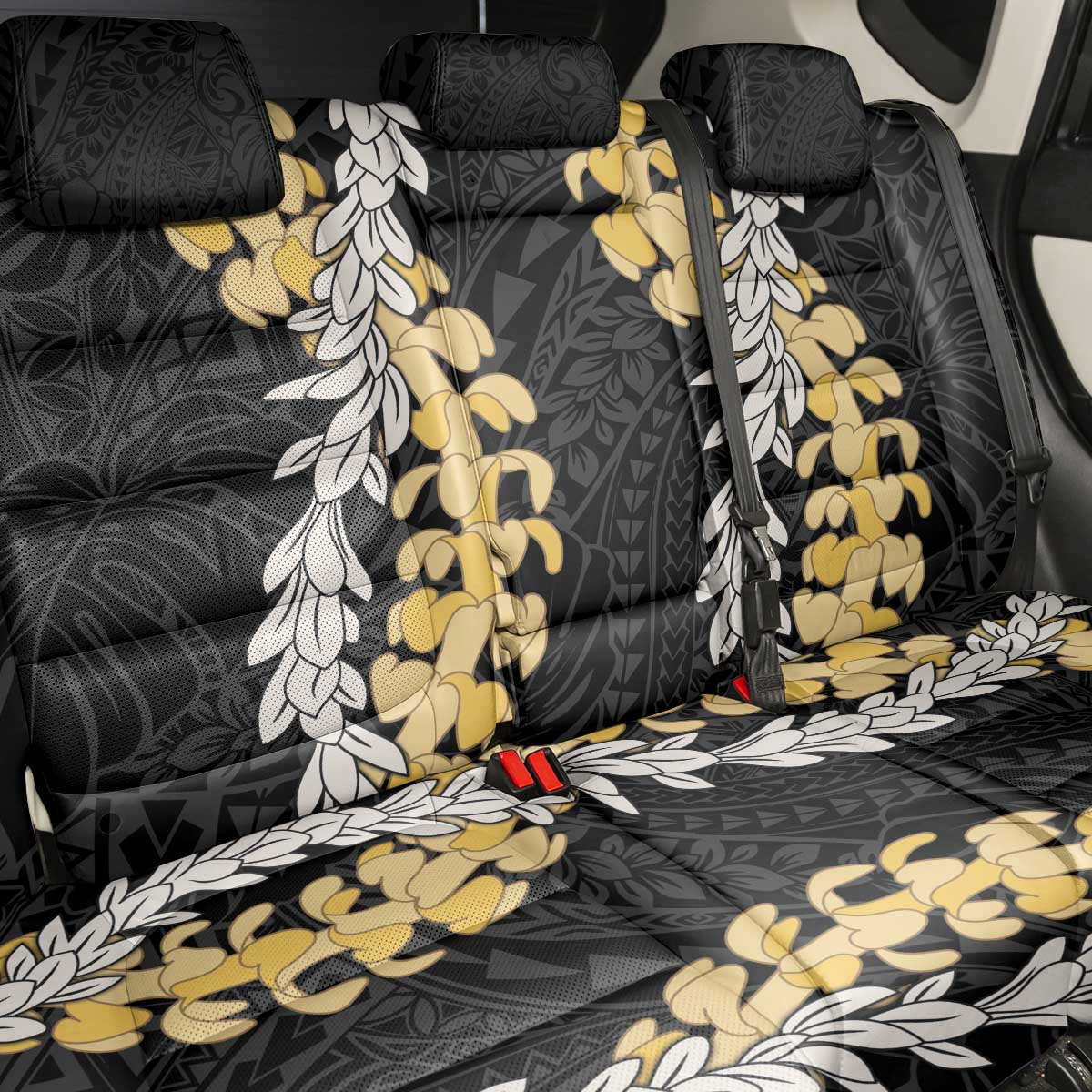Puakenikeni and Maile Lei Back Car Seat Cover Black Double Strand Lei
