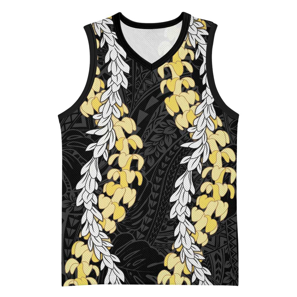 Puakenikeni and Maile Lei Basketball Jersey Black Double Strand Lei LT9 Unisex Black - Polynesian Pride
