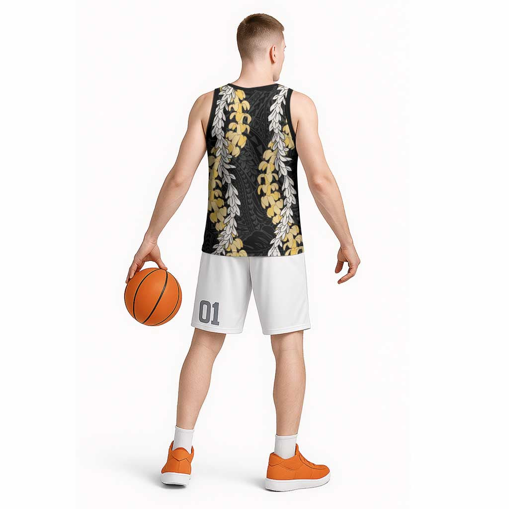 Puakenikeni and Maile Lei Basketball Jersey Black Double Strand Lei LT9 - Polynesian Pride
