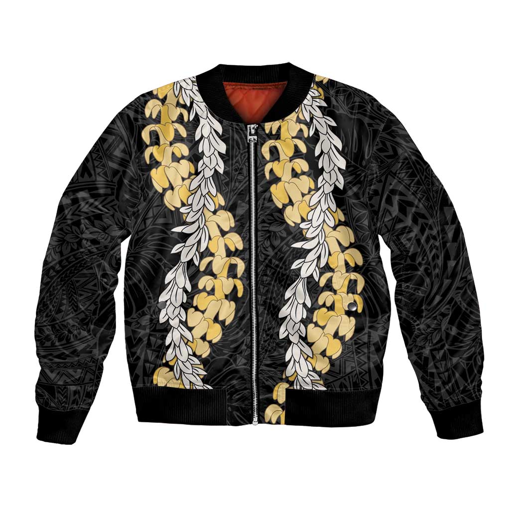 Puakenikeni and Maile Lei Bomber Jacket Black Double Strand Lei LT9 Unisex Black - Polynesian Pride