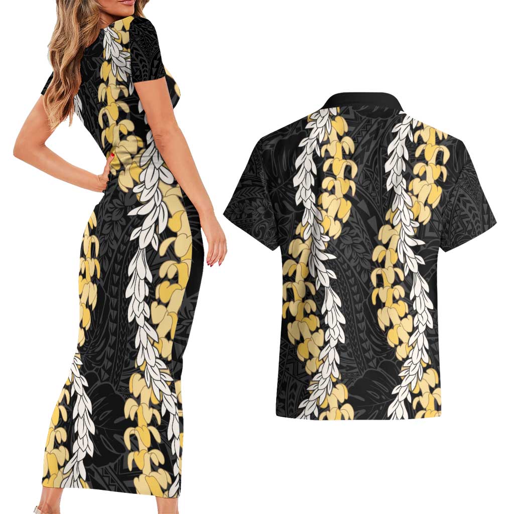 Puakenikeni and Maile Lei Couples Matching Short Sleeve Bodycon Dress and Hawaiian Shirt Black Double Strand Lei