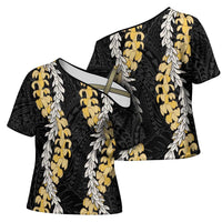 Puakenikeni and Maile Lei Cross Shoulder Shirt Black Double Strand Lei - Polynesian Pride