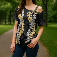 Puakenikeni and Maile Lei Cross Shoulder Shirt Black Double Strand Lei - Polynesian Pride