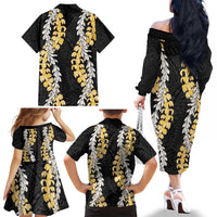 Puakenikeni and Maile Lei Family Matching Off The Shoulder Long Sleeve Dress and Hawaiian Shirt Black Double Strand Lei