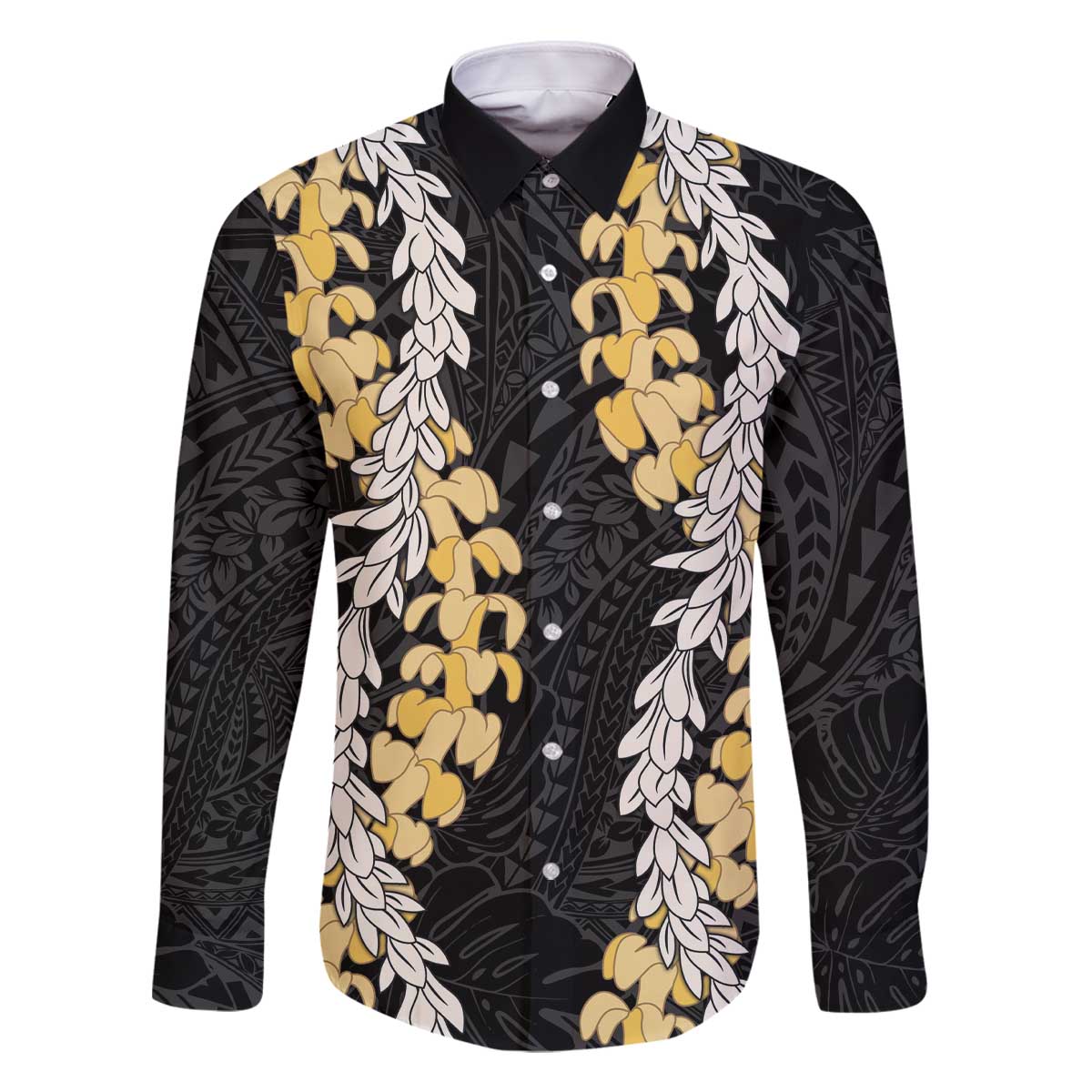 Puakenikeni and Maile Lei Family Matching Off The Shoulder Long Sleeve Dress and Hawaiian Shirt Black Double Strand Lei