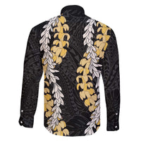 Puakenikeni and Maile Lei Family Matching Off The Shoulder Long Sleeve Dress and Hawaiian Shirt Black Double Strand Lei