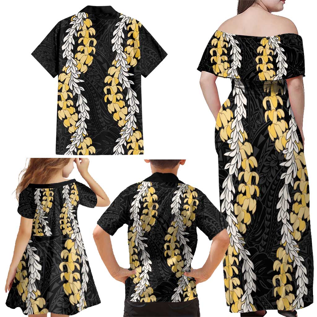 Puakenikeni and Maile Lei Family Matching Off Shoulder Maxi Dress and Hawaiian Shirt Black Double Strand Lei