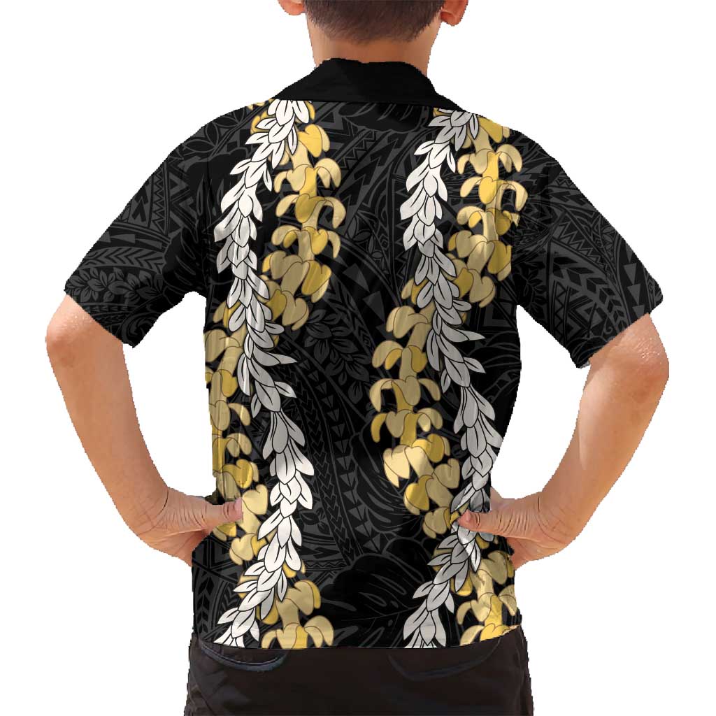 Puakenikeni and Maile Lei Family Matching Off Shoulder Short Dress and Hawaiian Shirt Black Double Strand Lei
