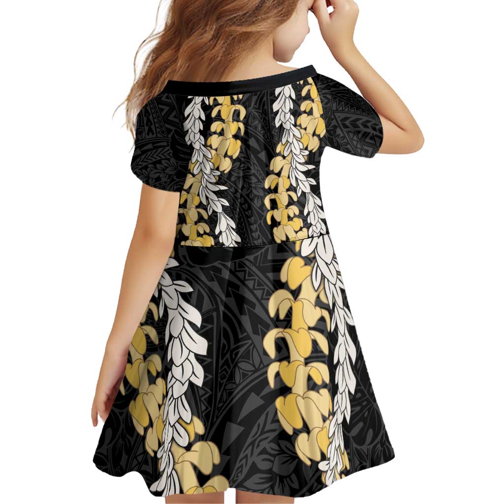 Puakenikeni and Maile Lei Family Matching Off Shoulder Short Dress and Hawaiian Shirt Black Double Strand Lei