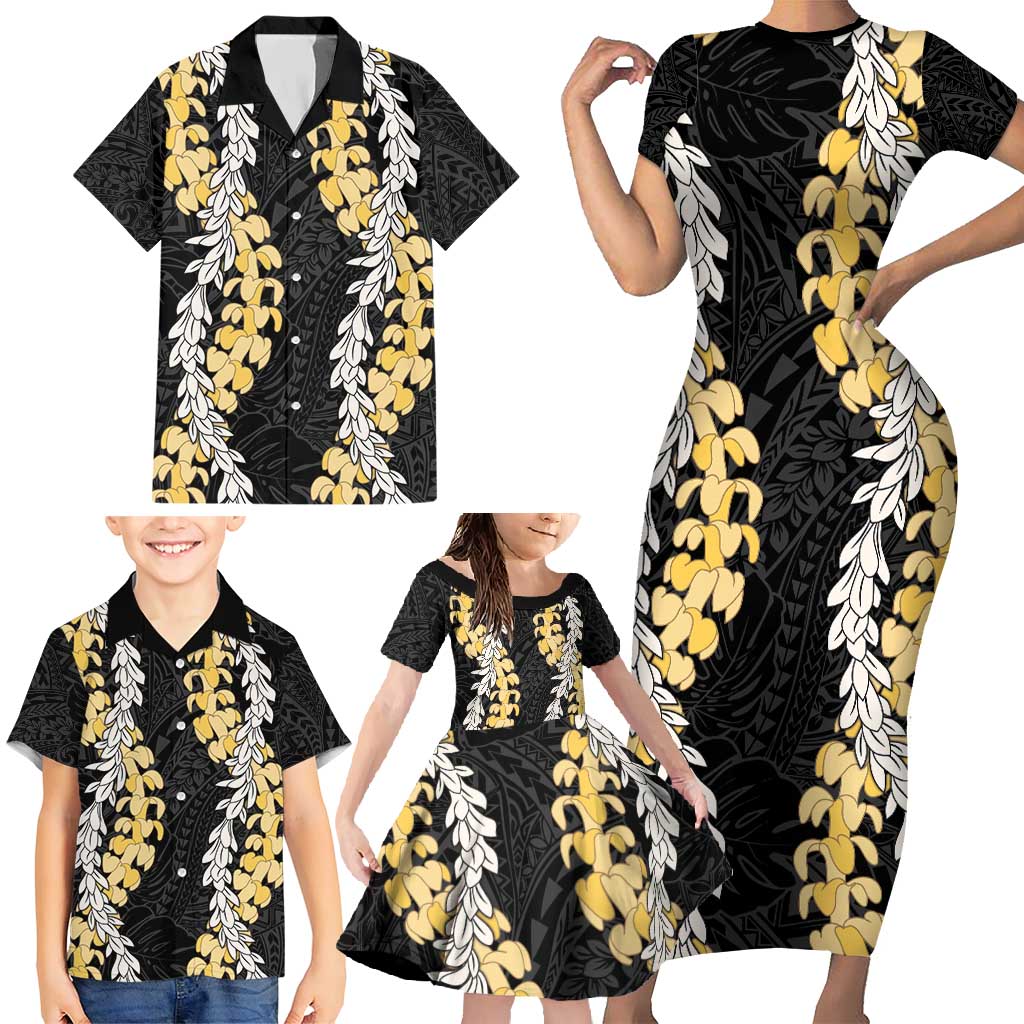 Puakenikeni and Maile Lei Family Matching Short Sleeve Bodycon Dress and Hawaiian Shirt Black Double Strand Lei