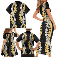 Puakenikeni and Maile Lei Family Matching Short Sleeve Bodycon Dress and Hawaiian Shirt Black Double Strand Lei