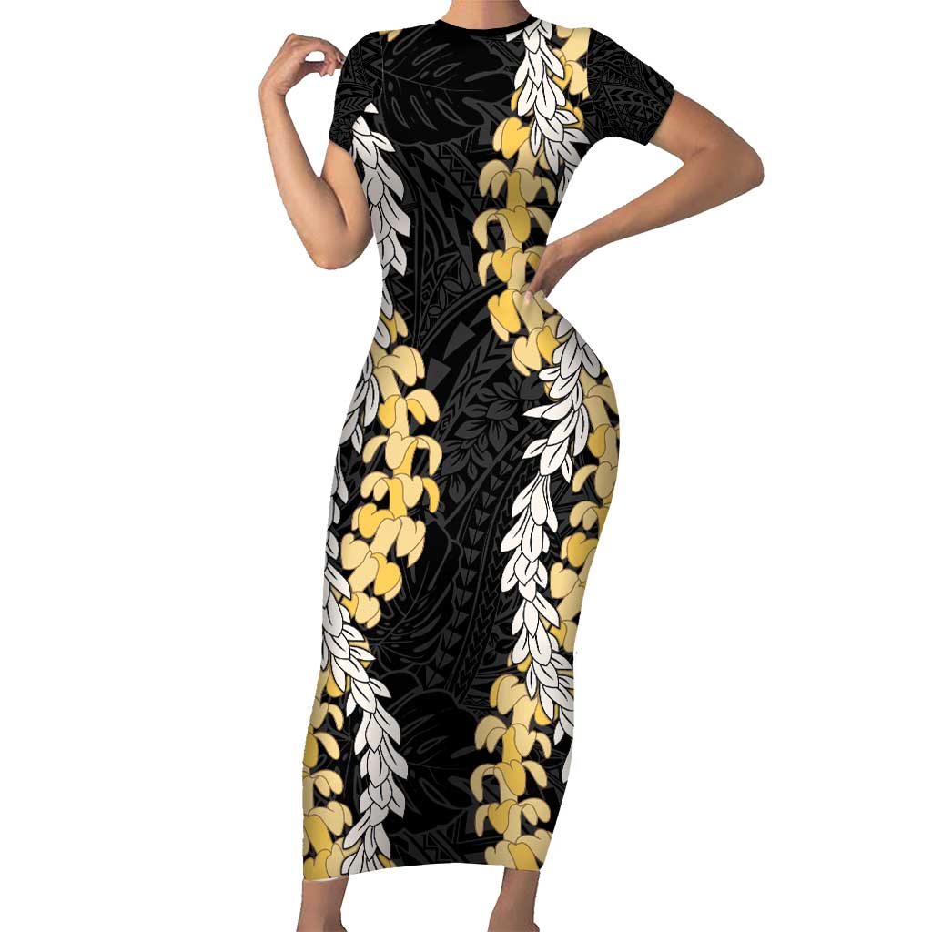 Puakenikeni and Maile Lei Family Matching Short Sleeve Bodycon Dress and Hawaiian Shirt Black Double Strand Lei