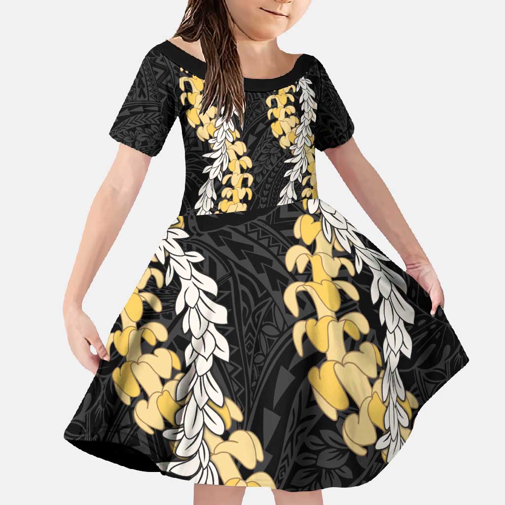 Puakenikeni and Maile Lei Family Matching Summer Maxi Dress and Hawaiian Shirt Black Double Strand Lei