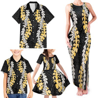 Puakenikeni and Maile Lei Family Matching Tank Maxi Dress and Hawaiian Shirt Black Double Strand Lei