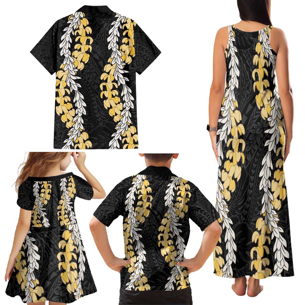 Puakenikeni and Maile Lei Family Matching Tank Maxi Dress and Hawaiian Shirt Black Double Strand Lei