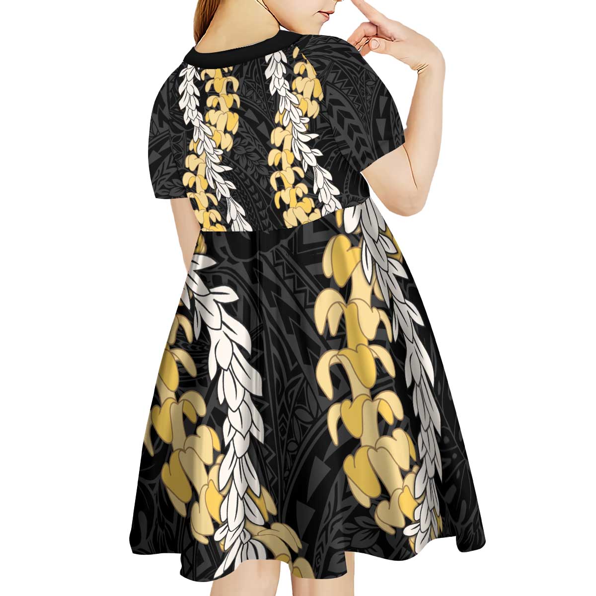 Puakenikeni and Maile Lei Kid Short Sleeve Dress Black Double Strand Lei