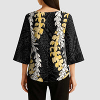 Puakenikeni and Maile Lei Kimono Sleeve Blouse Black Double Strand Lei - Polynesian Pride