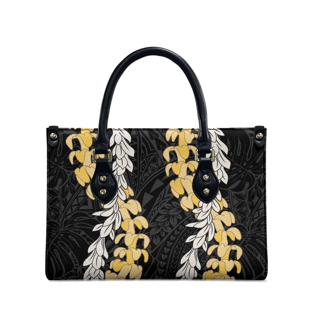 Puakenikeni and Maile Lei Leather Bag Black Double Strand Lei - Polynesian Pride